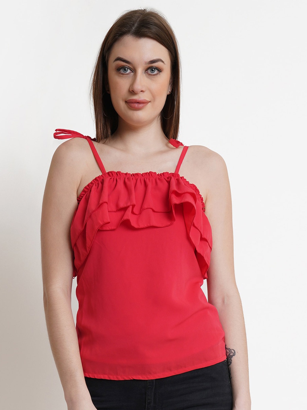 

DODO & MOA Shoulder Straps Layered Regular Chiffon Top, Red