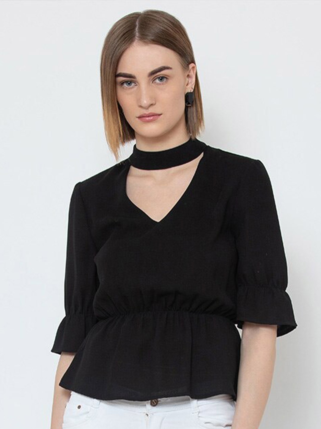 

DODO & MOA Choker Neck Georgette Styled Back Top, Black