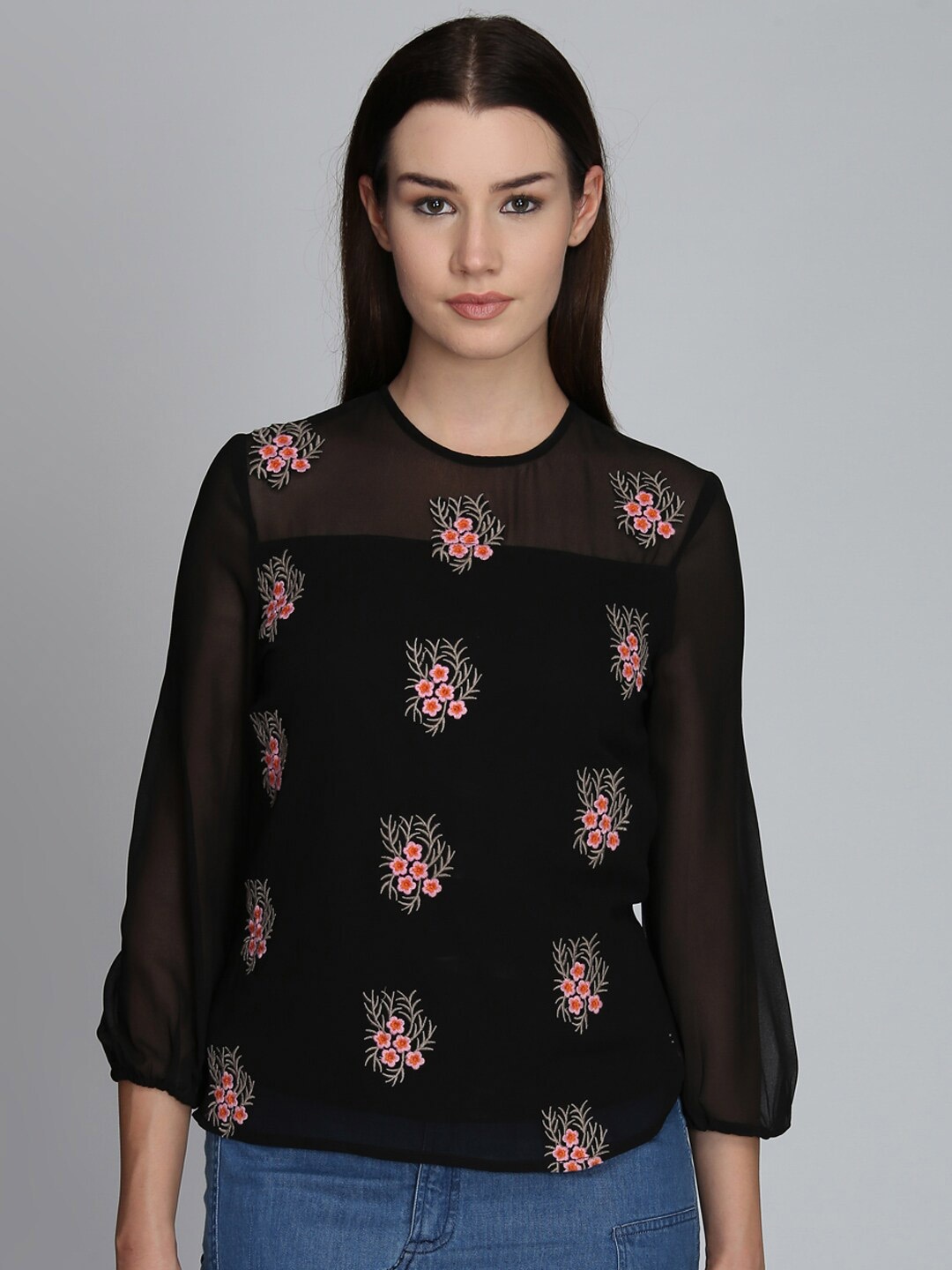 

DODO & MOA Floral Print Georgette Styled Back Top, Black