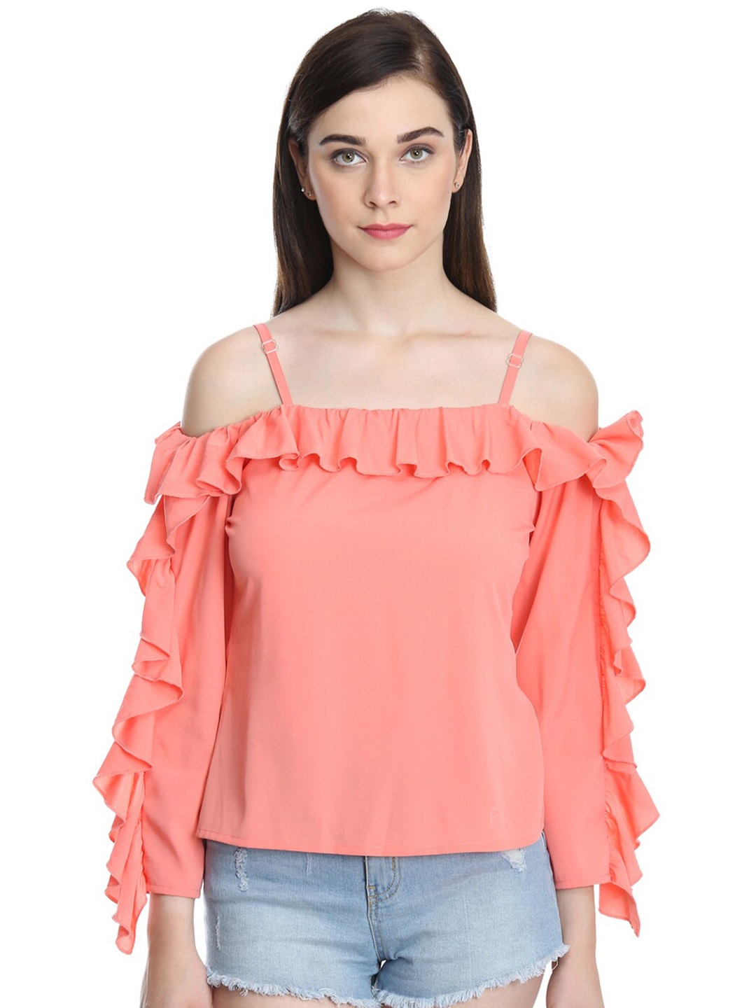 

DODO & MOA Cold-Shoulder Sleeves Ruffles Bardot Top, Peach