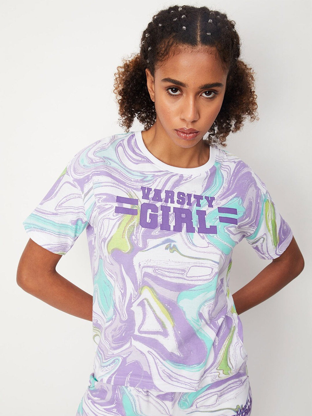 

max Abstract Printed Drop Shoulder Sleeves Pure Cotton T-shirt, Purple