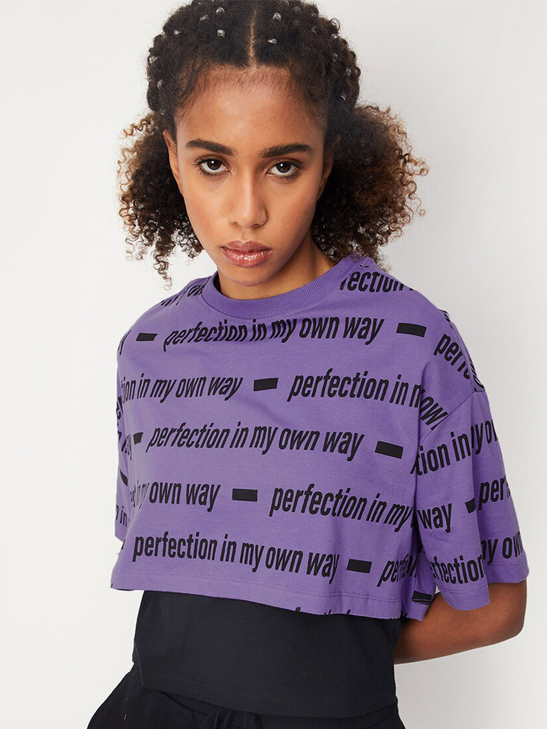 

max Typography Printed Drop Shoulder Sleeves Pure Cotton Crop T-shirt, Purple