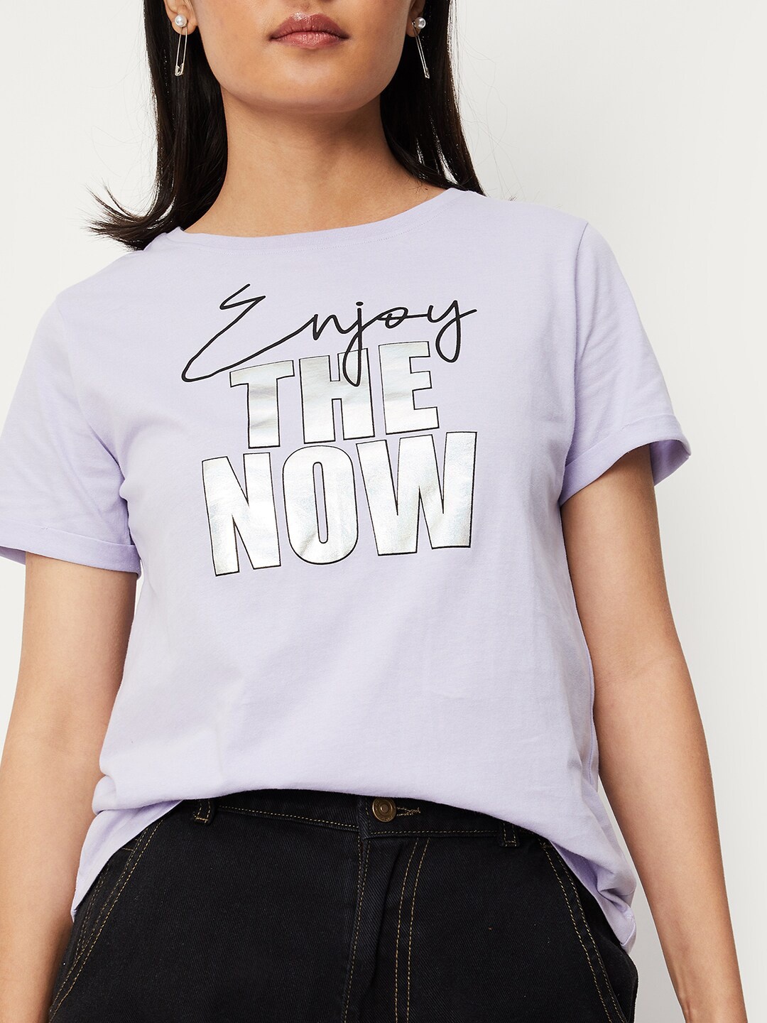 

max Typography Printed Cotton T-shirt, Purple