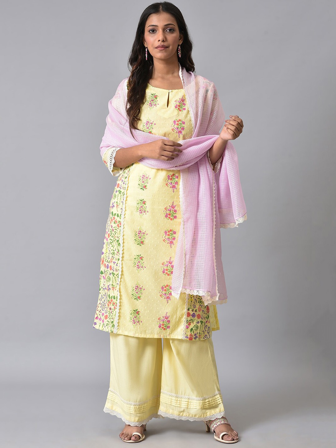 

W Floral Printed Pure Cotton Kurta With Trousers & Dupatta, Yellow