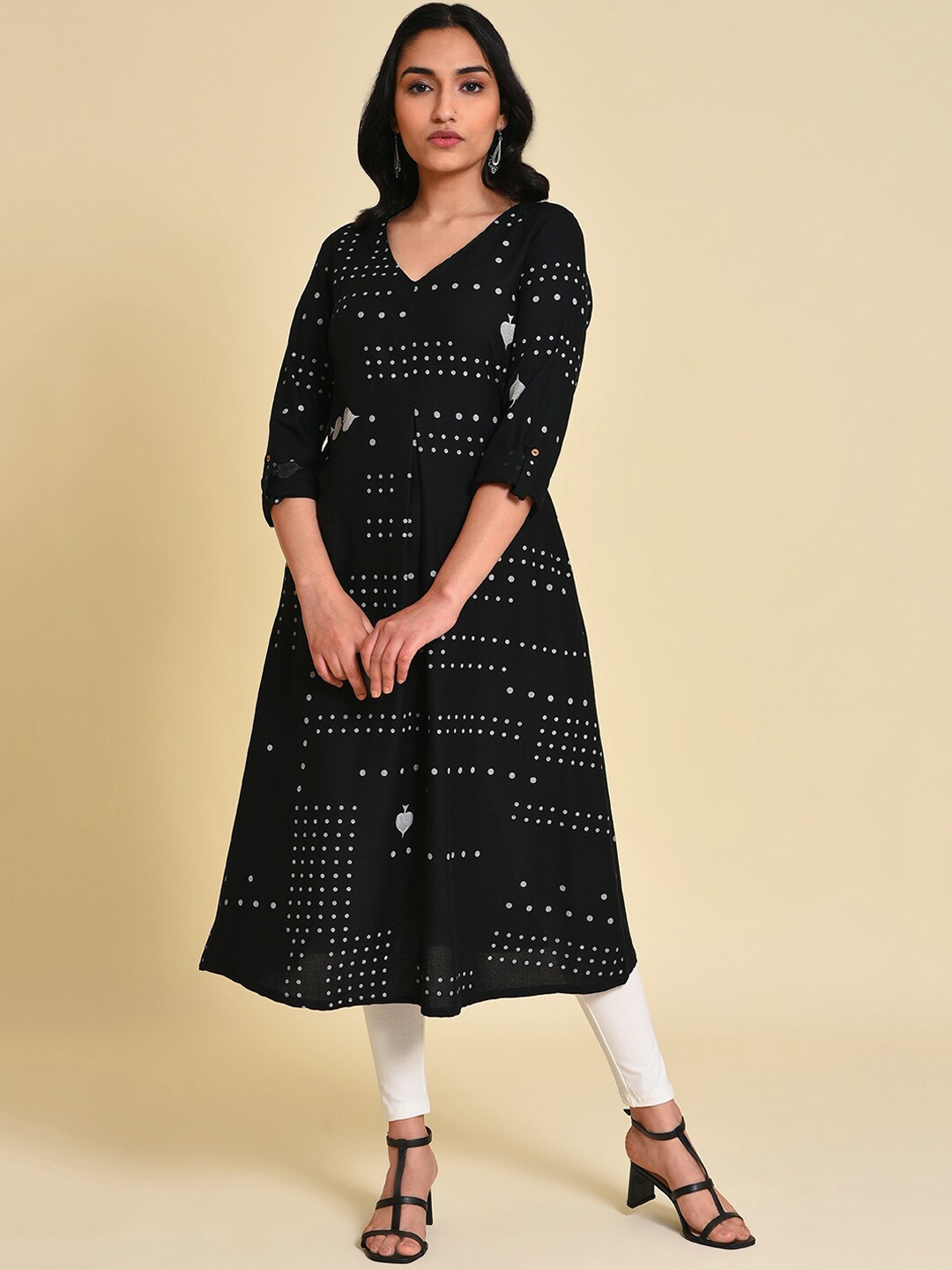 

W Printed Thread Work A-Line Kurta With Leggings, Black