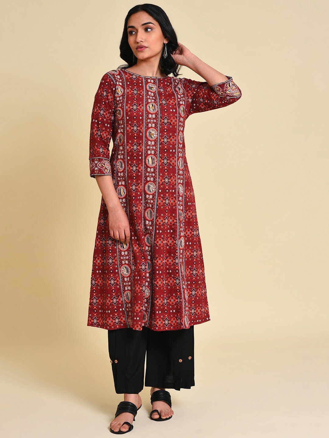 

W Tribal Printed Pure Cotton Kurta With Palazzos, Maroon