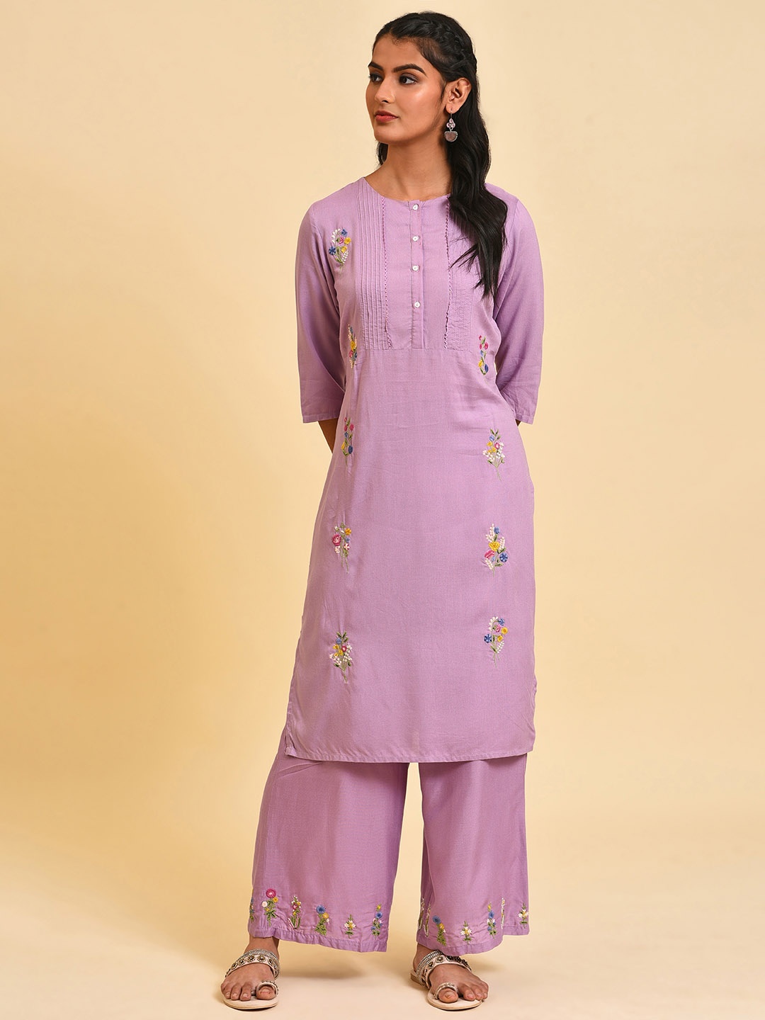 

W Floral Embroidered Straight Kurta with Palazzos, Lavender
