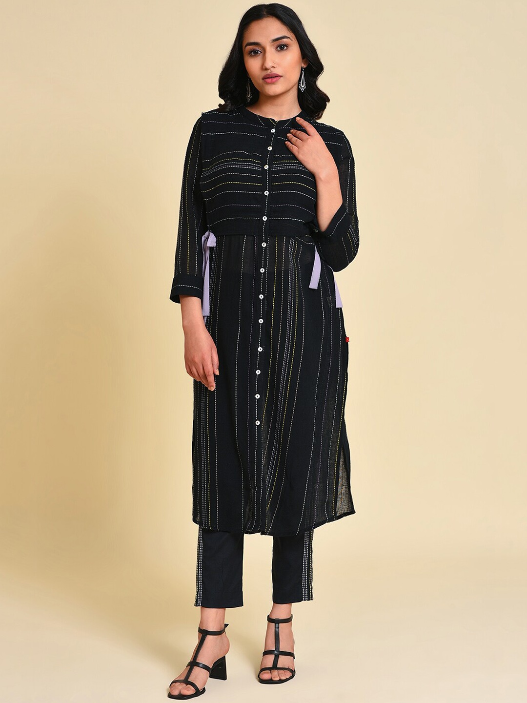 

W Striped Thread Work Pure Cotton Kurta with Trousers, Black