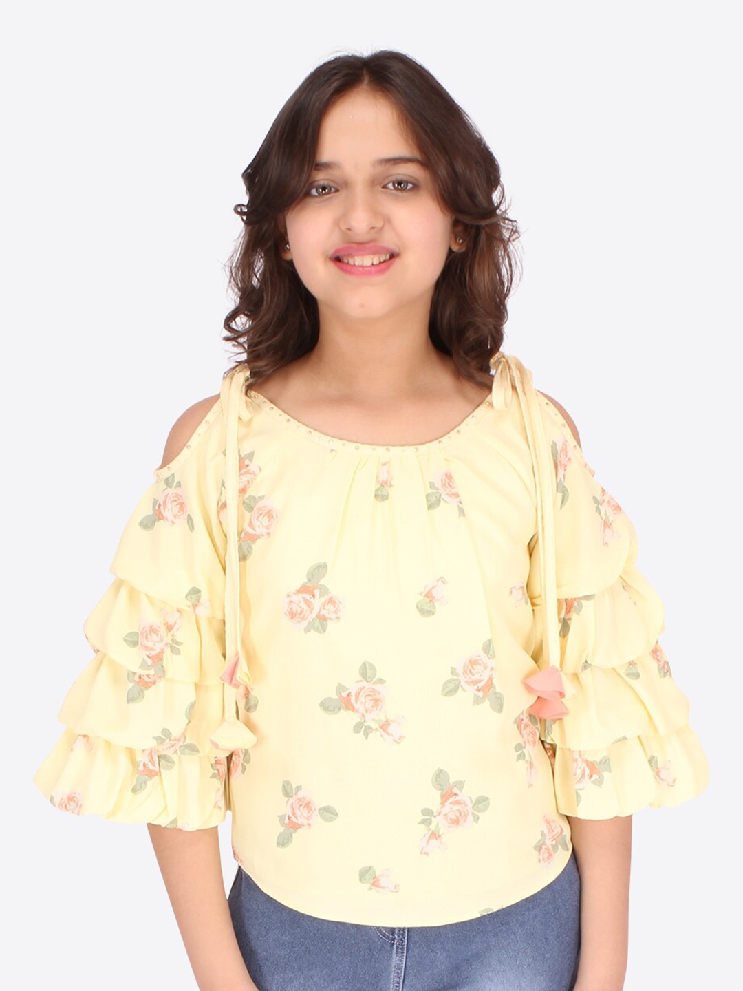 

CUTECUMBER Girls Floral Printed Puff Sleeves Georgette Top, Yellow