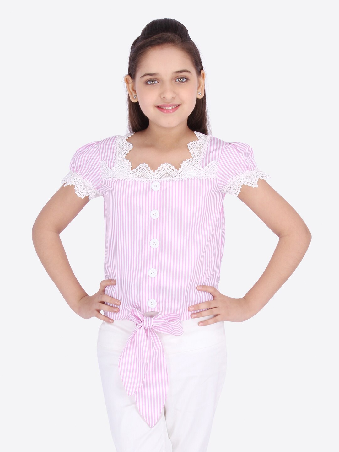 

CUTECUMBER Girls Vertical Stripes Square Neck Puff Sleeves Top, Pink