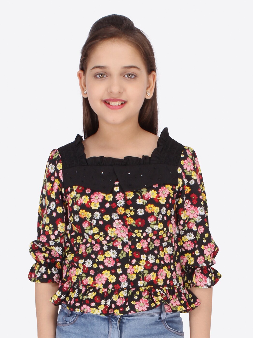 

CUTECUMBER Girls Floral Printed Square Neck Georgette Top, Black