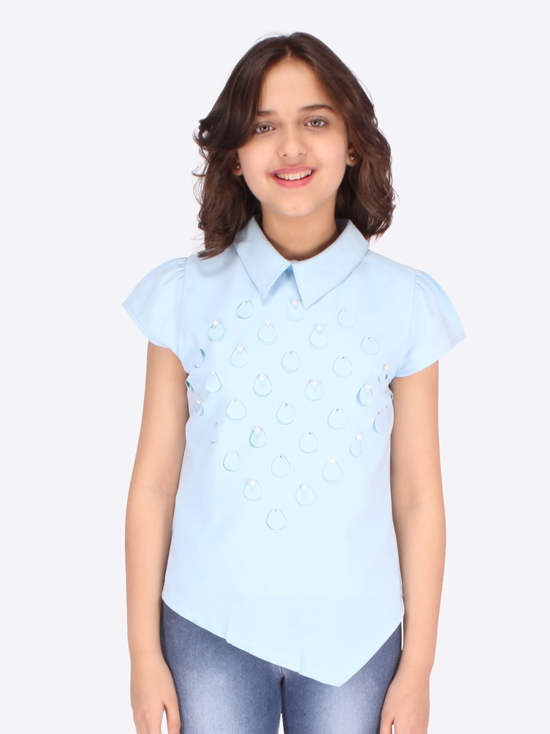 

CUTECUMBER Girls Self Design Georgette Cap Sleeves Shirt Style Top, Turquoise blue