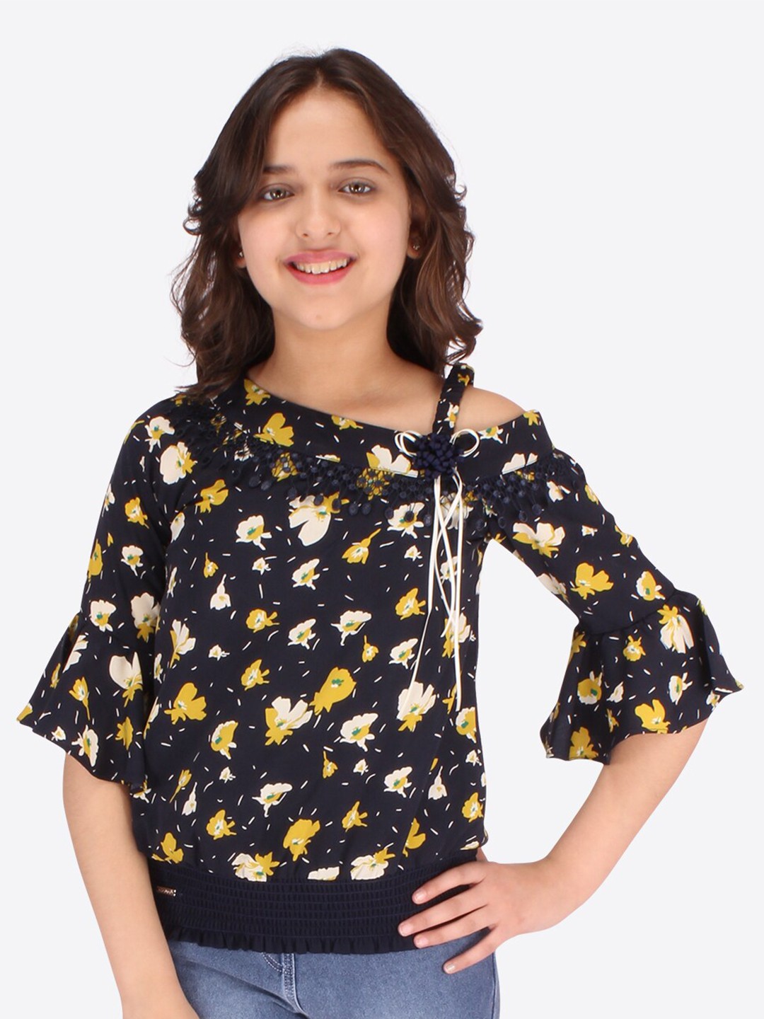

CUTECUMBER Girls Floral Printed Georgette Bell Sleeves Blouson Top, Navy blue