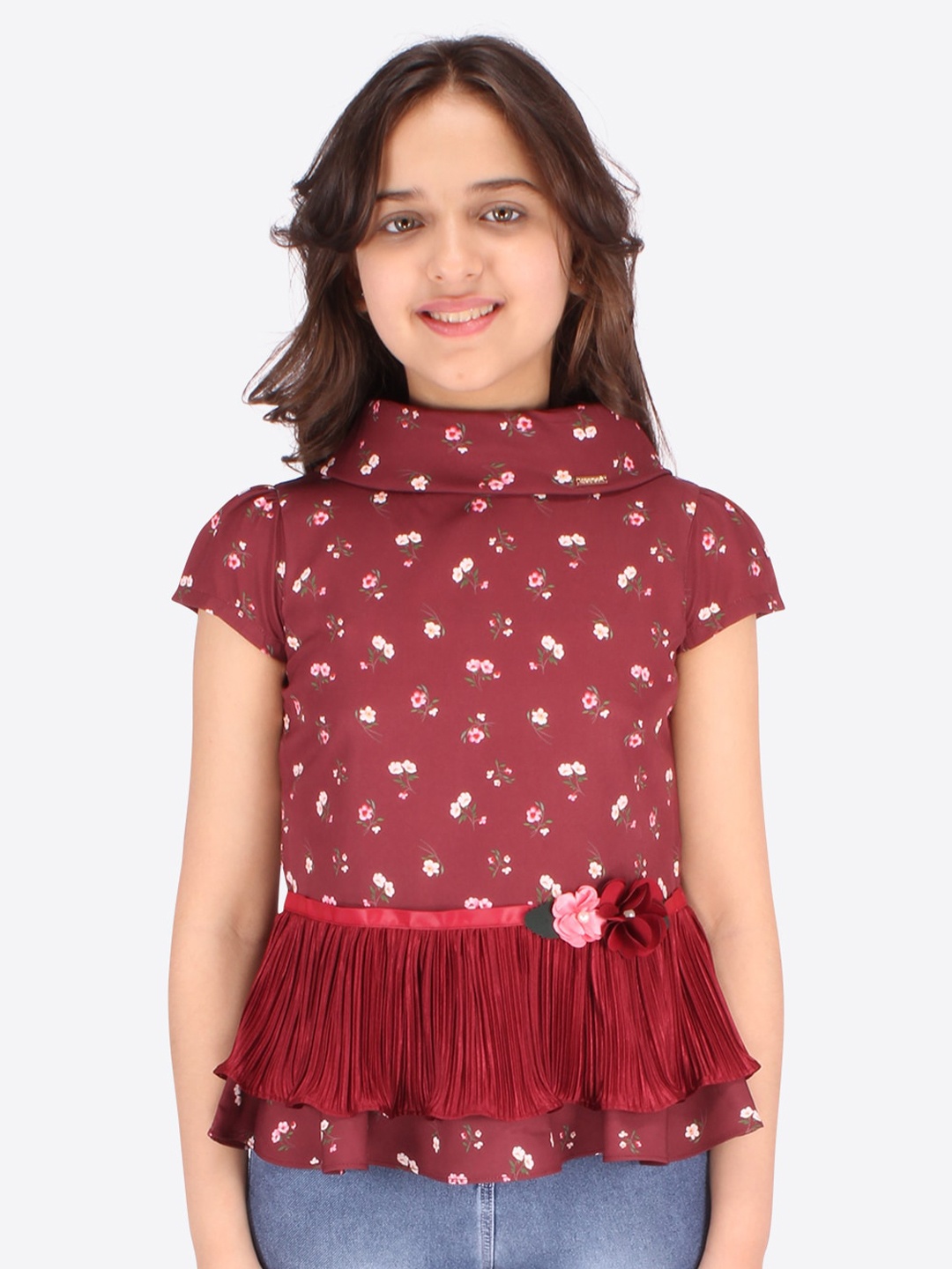 

CUTECUMBER Girls High Neck Floral Printed Peplum Top, Maroon