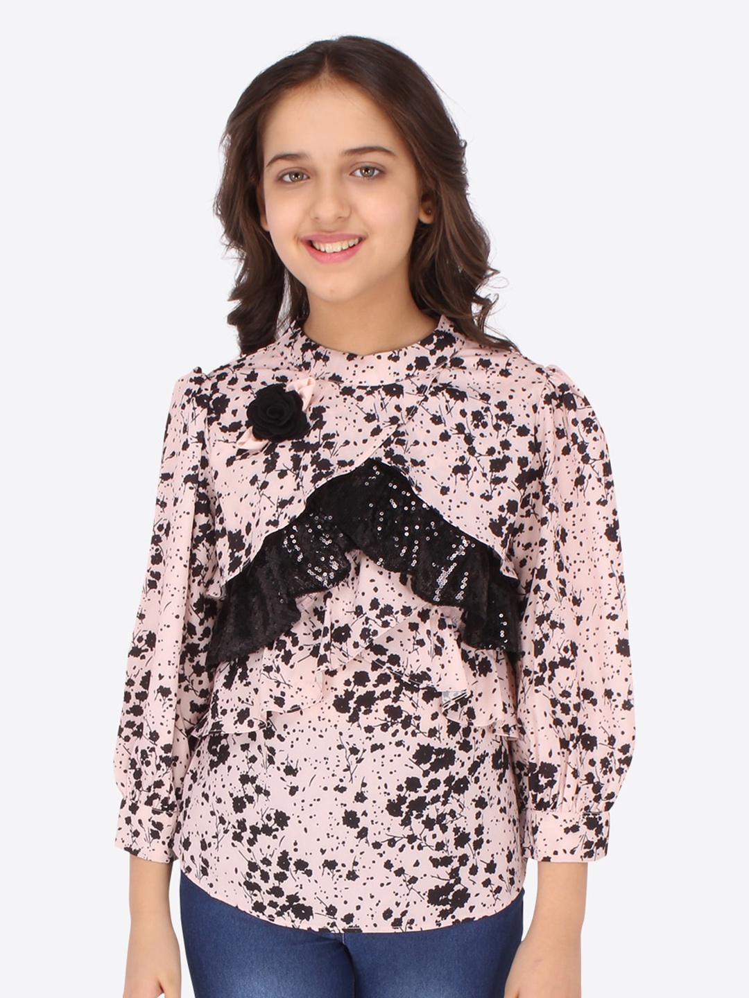 

CUTECUMBER Girls Floral Printed Georgette High Neck Puff Sleeves Top, Pink