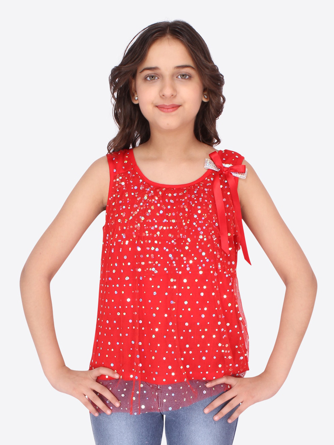 

CUTECUMBER Girls Embellished Georgette A-Line Top, Red