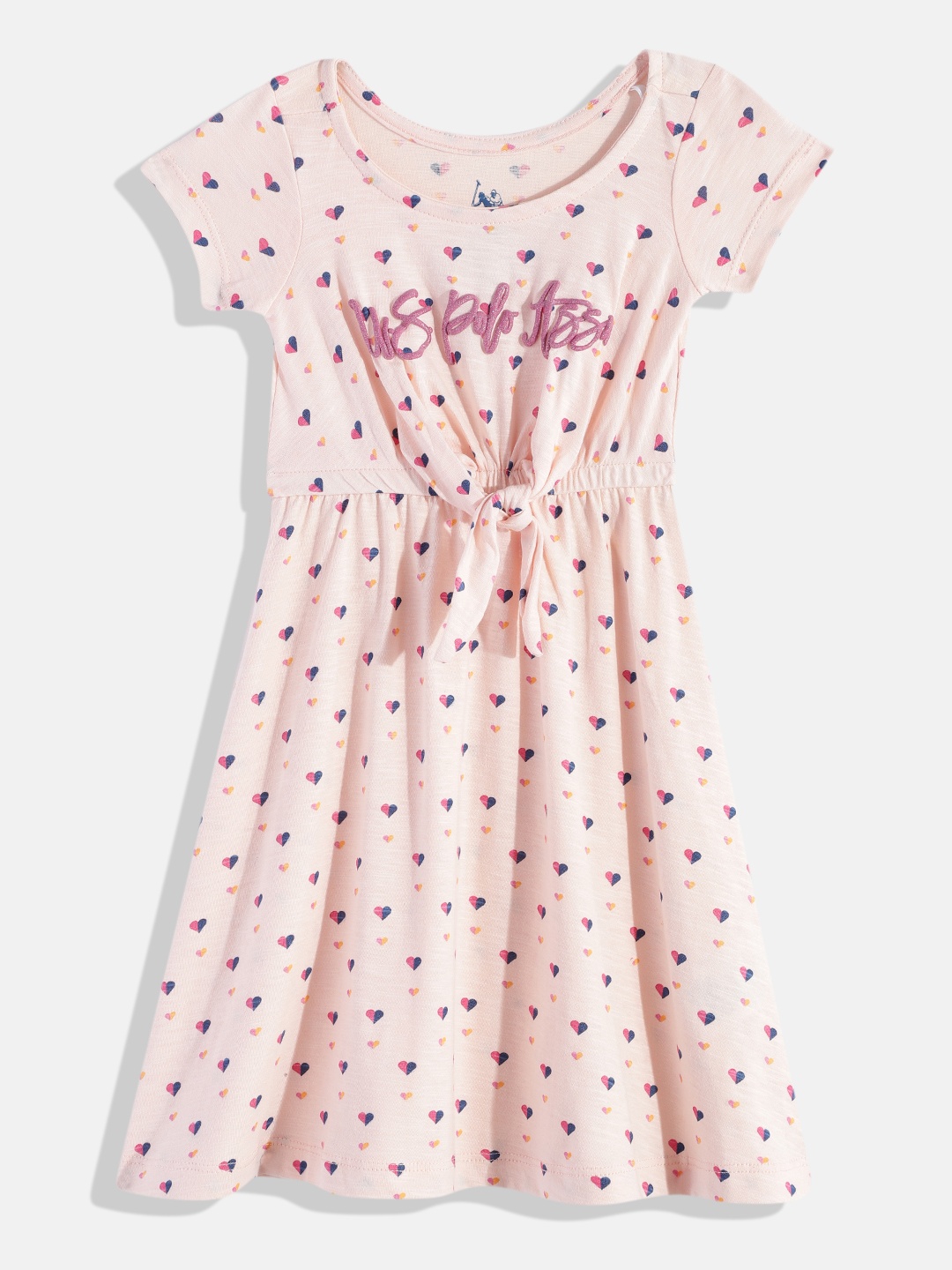 

U.S. Polo Assn. Kids Girls Conversational Printed Pure Cotton Fit & Flare Dress with Bow, Pink