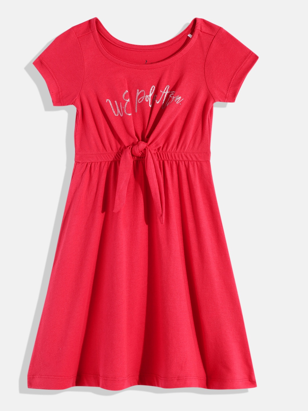 

U.S. Polo Assn. Kids Girls Brand Logo Printed Pure Cotton Fit & Flare Dress with Bow, Red