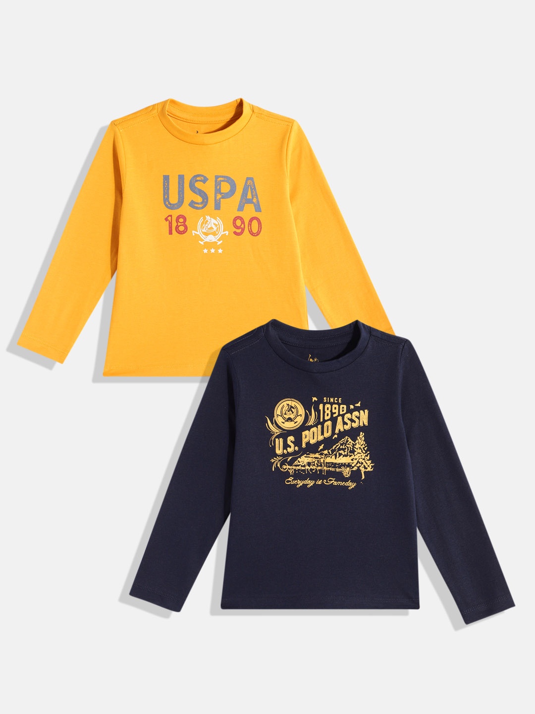 U.S. Polo Assn. Kids Boys Pack of 2 Brand Logo Printed Pure Cotton T-shirt, Navy blue