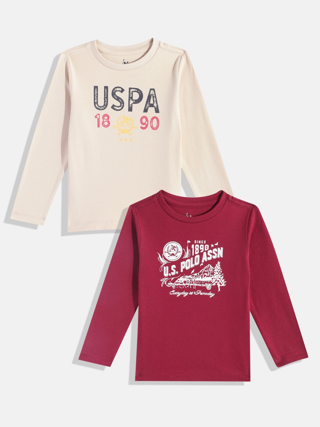 

U.S. Polo Assn. Kids Boys Pack of 2 Brand Logo Printed Pure Cotton T-shirts, Burgundy