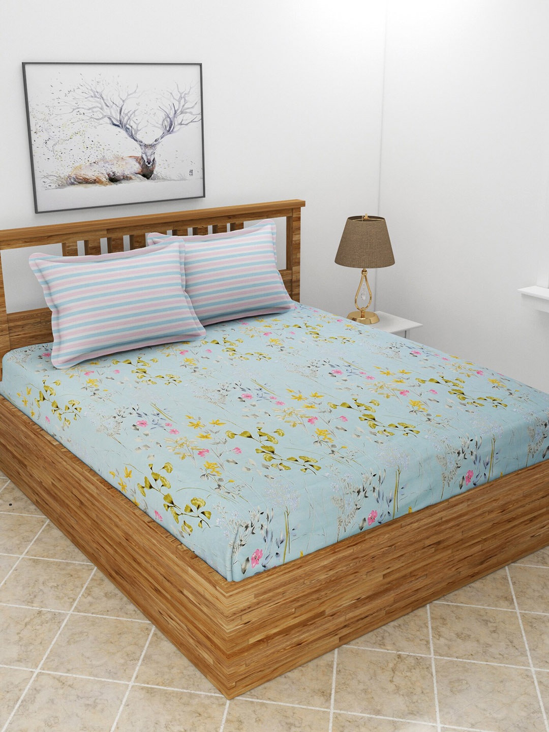 

MORADO Blue & pINK 210 TC King Bedsheet With 2 Pillow Covers