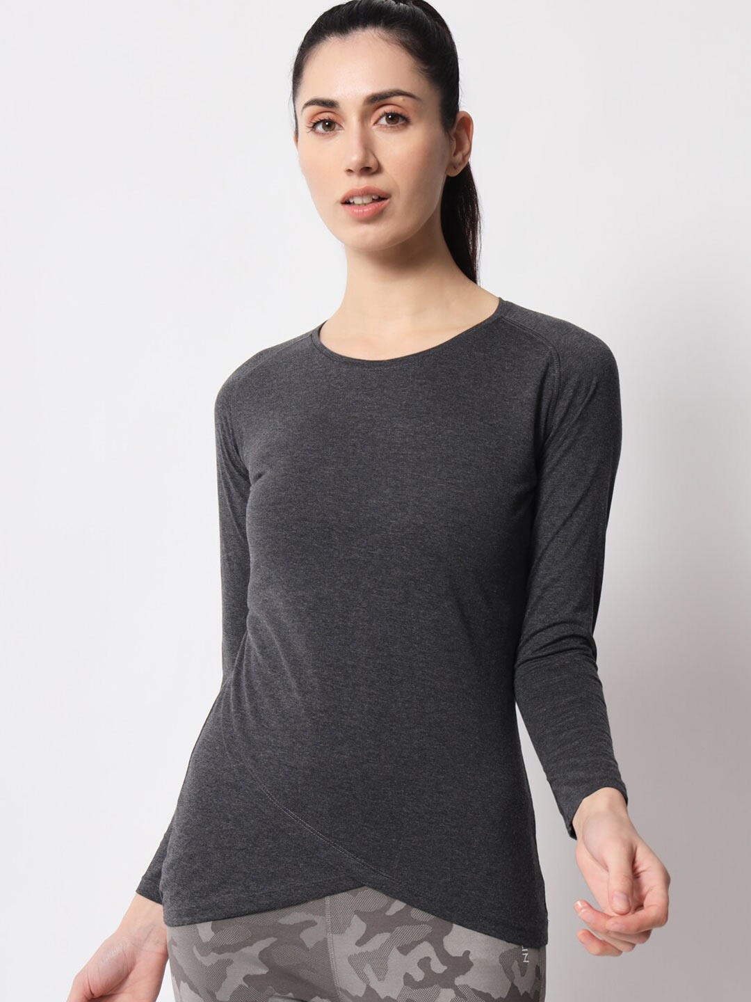 

appulse Raglan Sleeves Bottom Crossover Cotton T-shirt, Charcoal