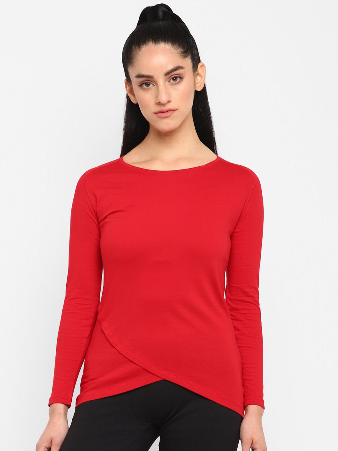 

appulse Long Sleeves Crisscross Layered Hemline Cotton T-shirt, Red