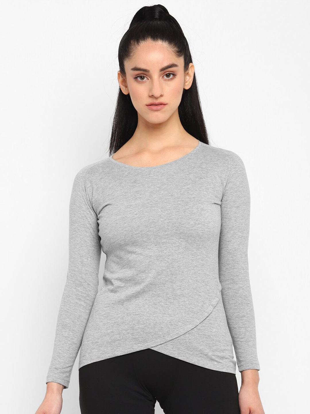 

appulse Long Sleeves Crisscross Layered Hemline Cotton T-shirt, Grey