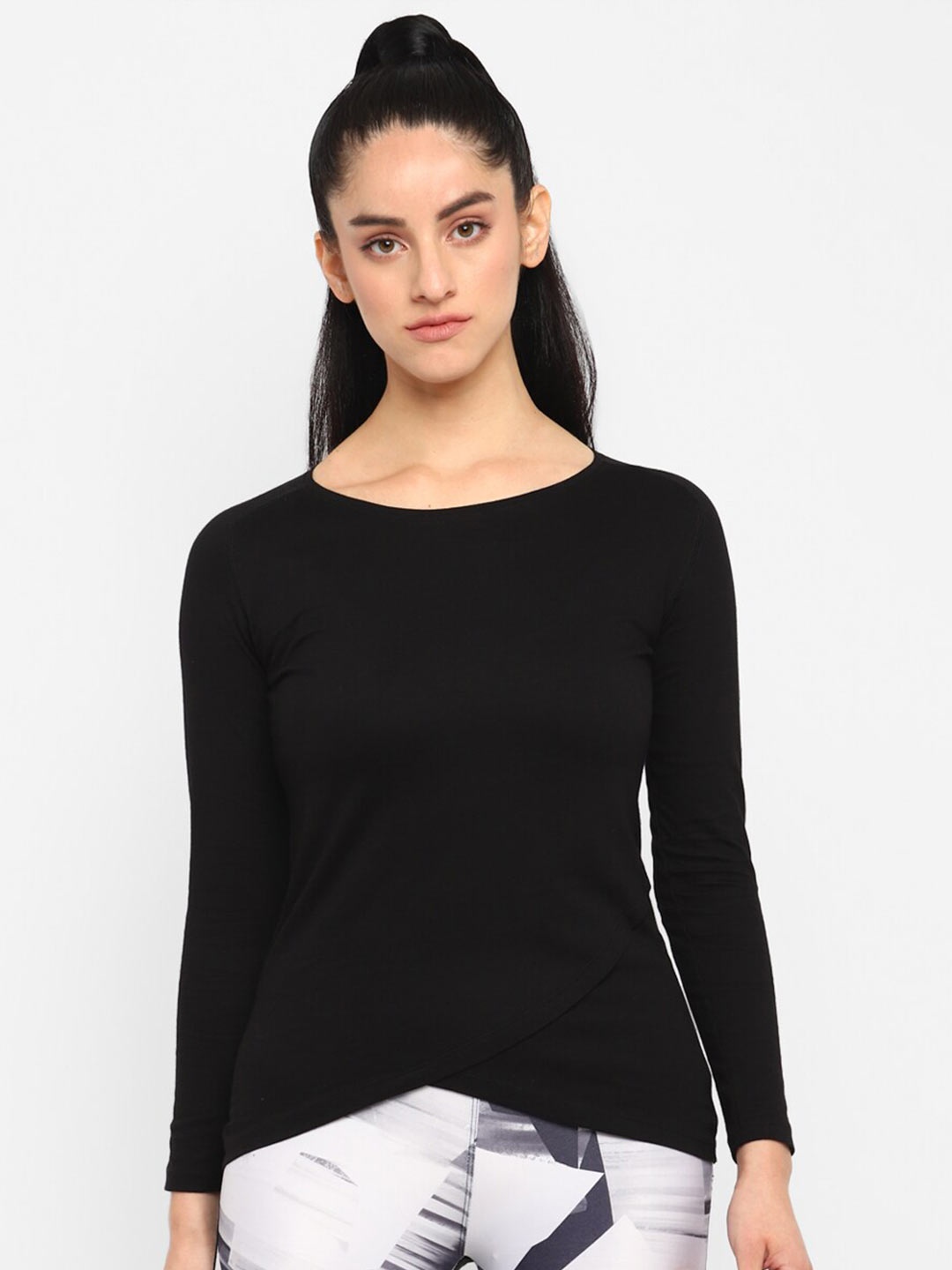 

appulse Raglan Sleeves Bottom Crossover Cotton Tshirt, Black