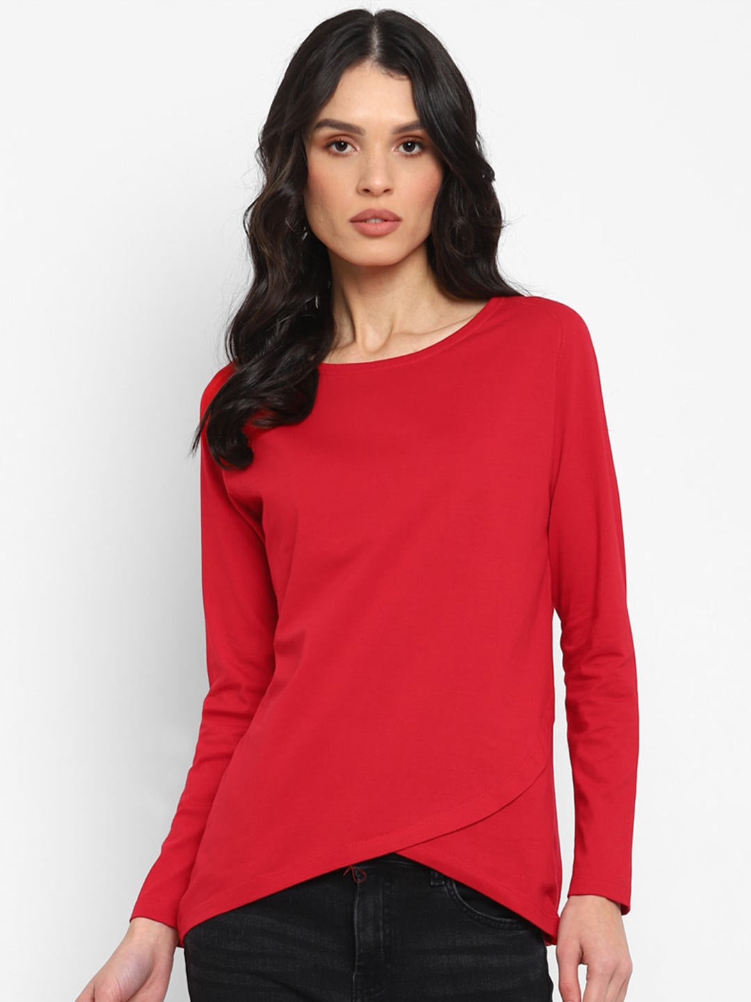 

appulse Long Sleeves Crisscross Layered Hemline Cotton T-shirt, Red