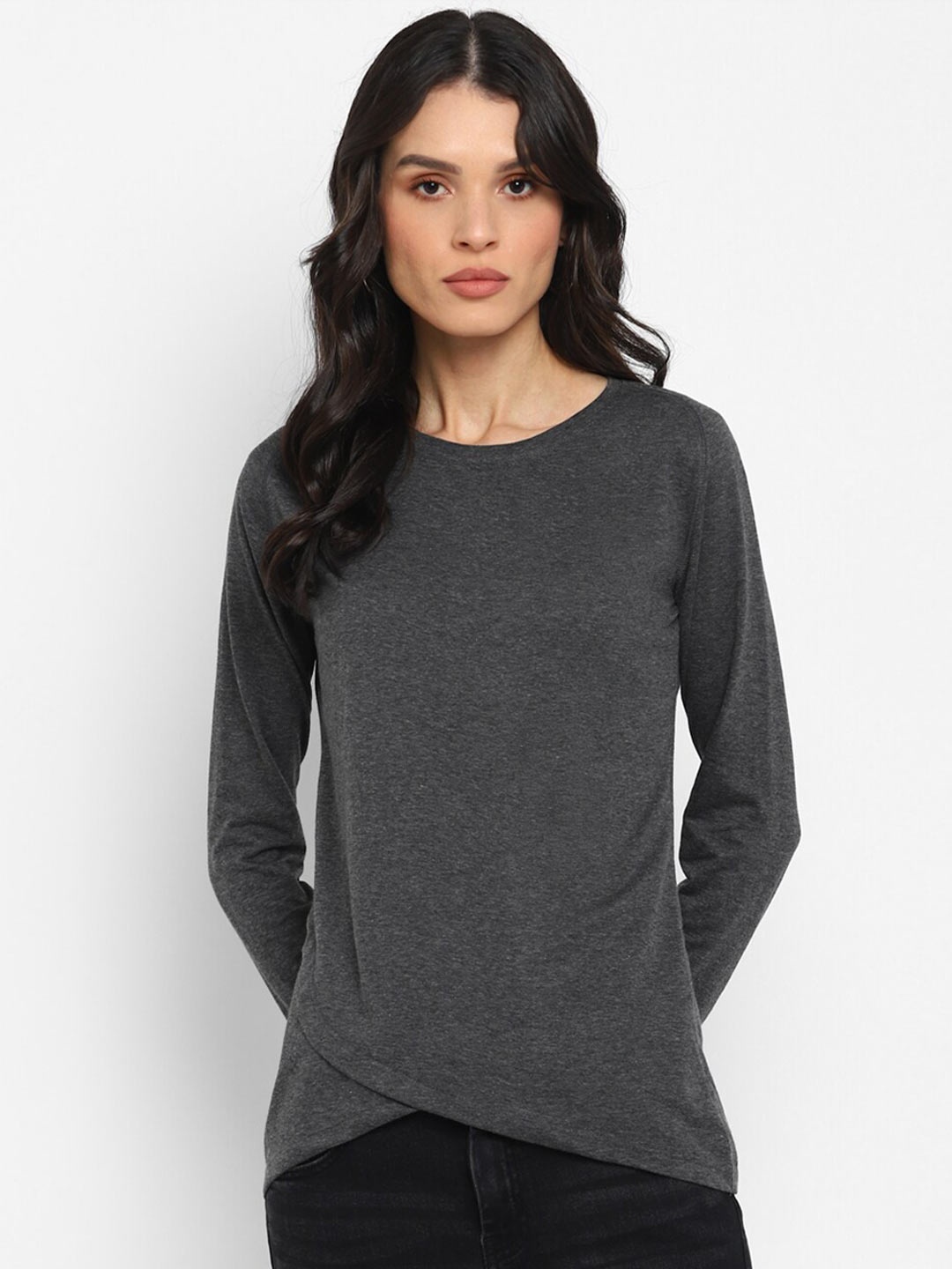 

appulse Raglan Sleeves Bottom Crossover Cotton Tshirt, Charcoal