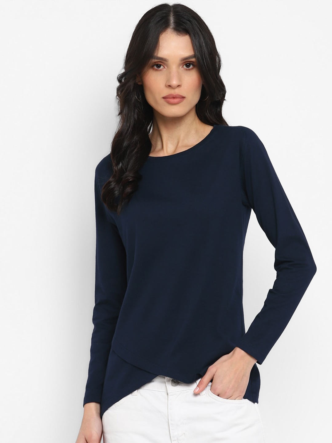 

appulse Raglan Sleeves Bottom Crossover Cotton Tshirt, Navy blue
