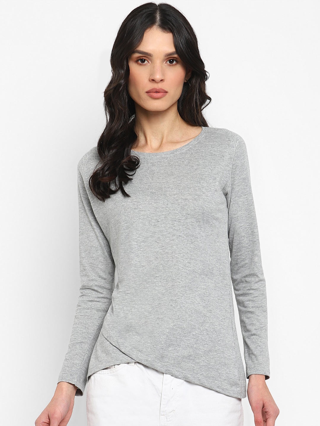 

appulse Raglan Sleeves Bottom Crossover Cotton Tshirt, Grey