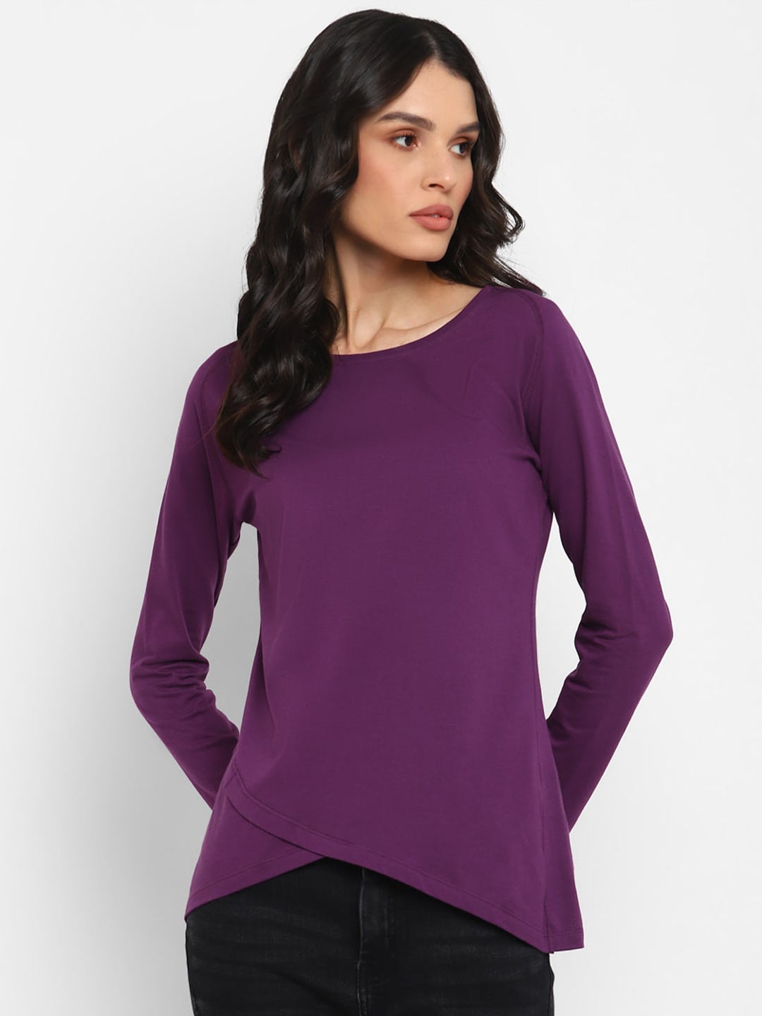 

appulse Long Sleeves Crisscross Layered Hemline Cotton T-shirt, Purple