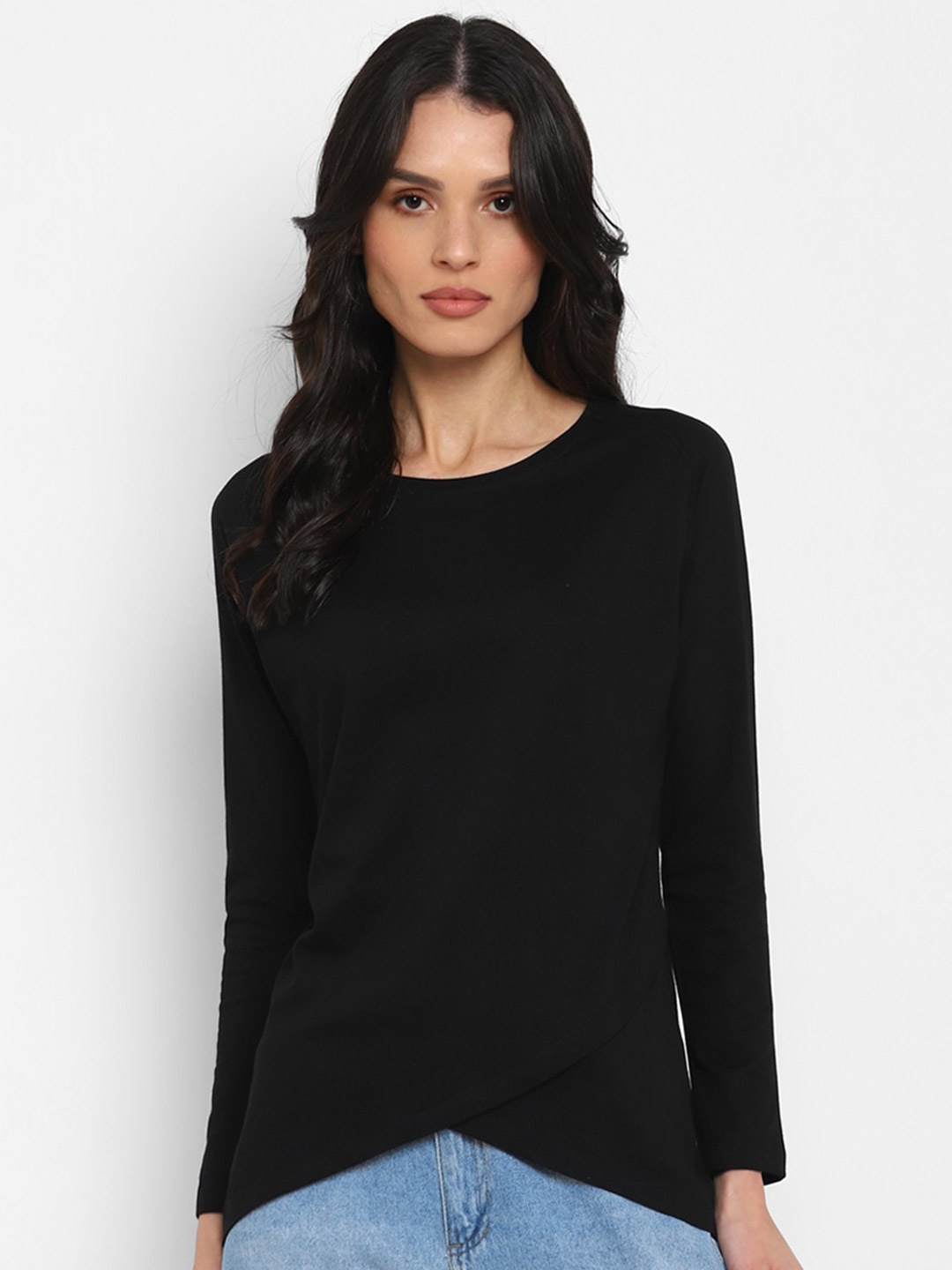 

appulse Round Neck Regular Fit Bottom Crossover Cotton T-shirt, Black