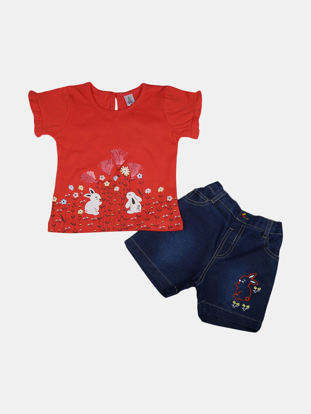 

V-Mart Infant Girls Floral Printed Pure Cotton Top with Shorts, Orange