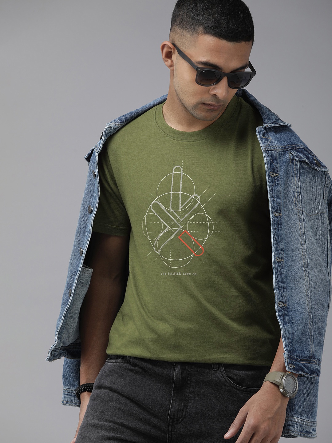 

Roadster Printed Pure Cotton T-shirt, Olive
