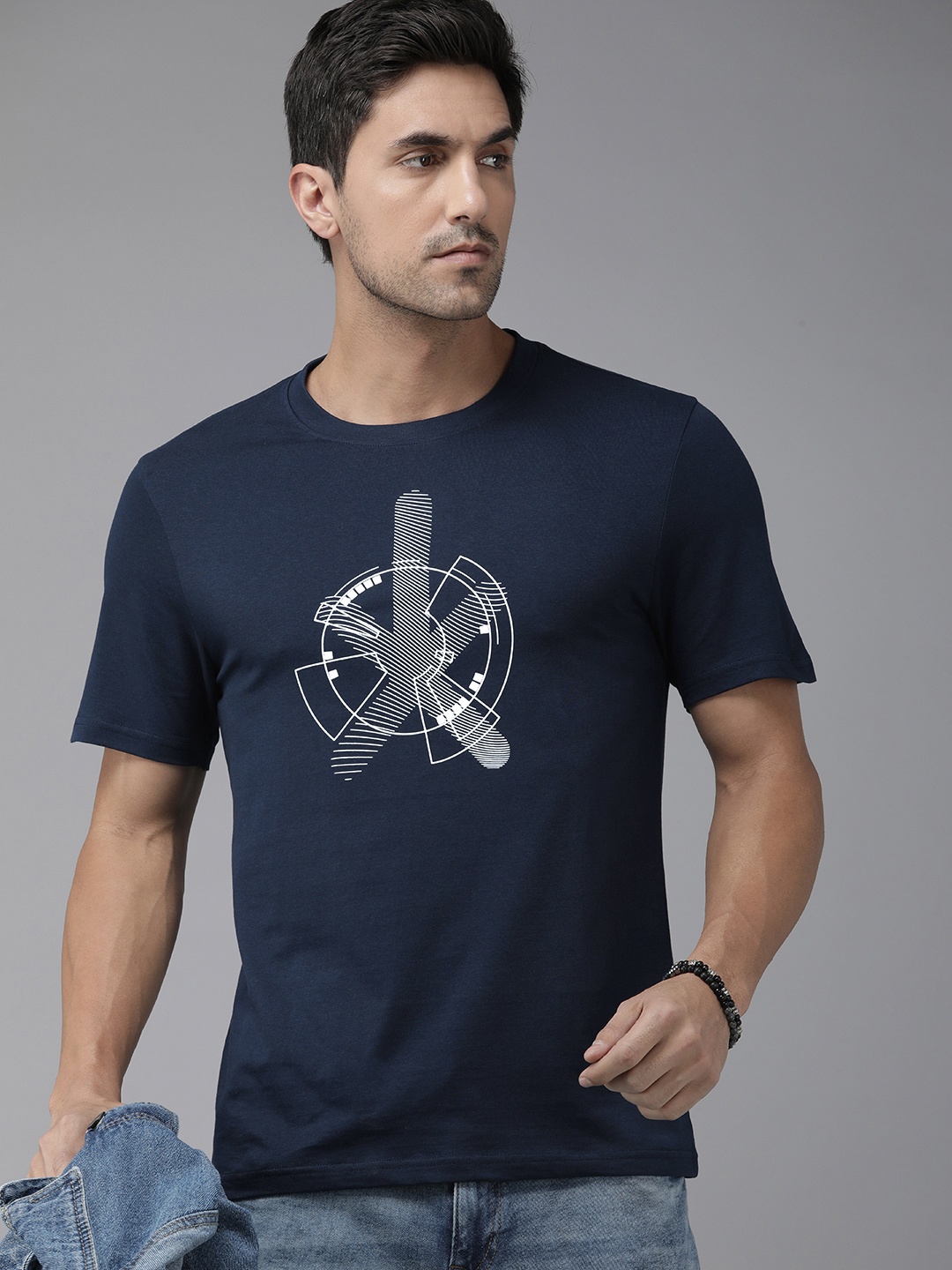 

Roadster Pure Cotton Printed T-shirt, Navy blue