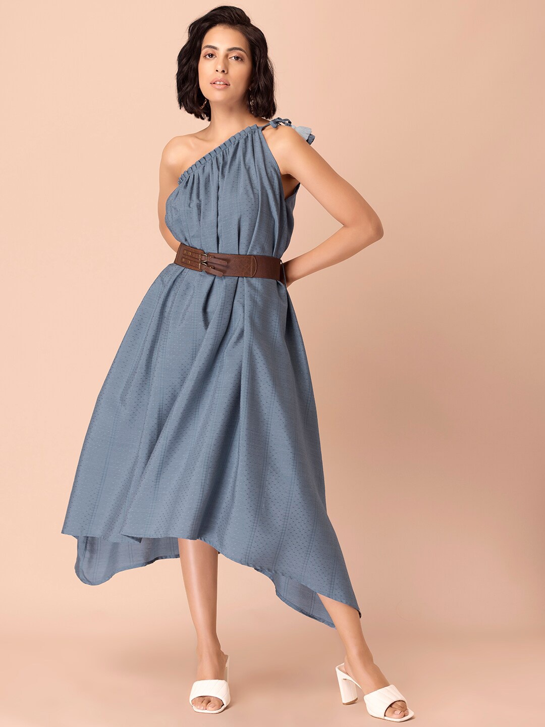 

INDYA Self-Design One Shoulder Dress With Leather Belt, Blue