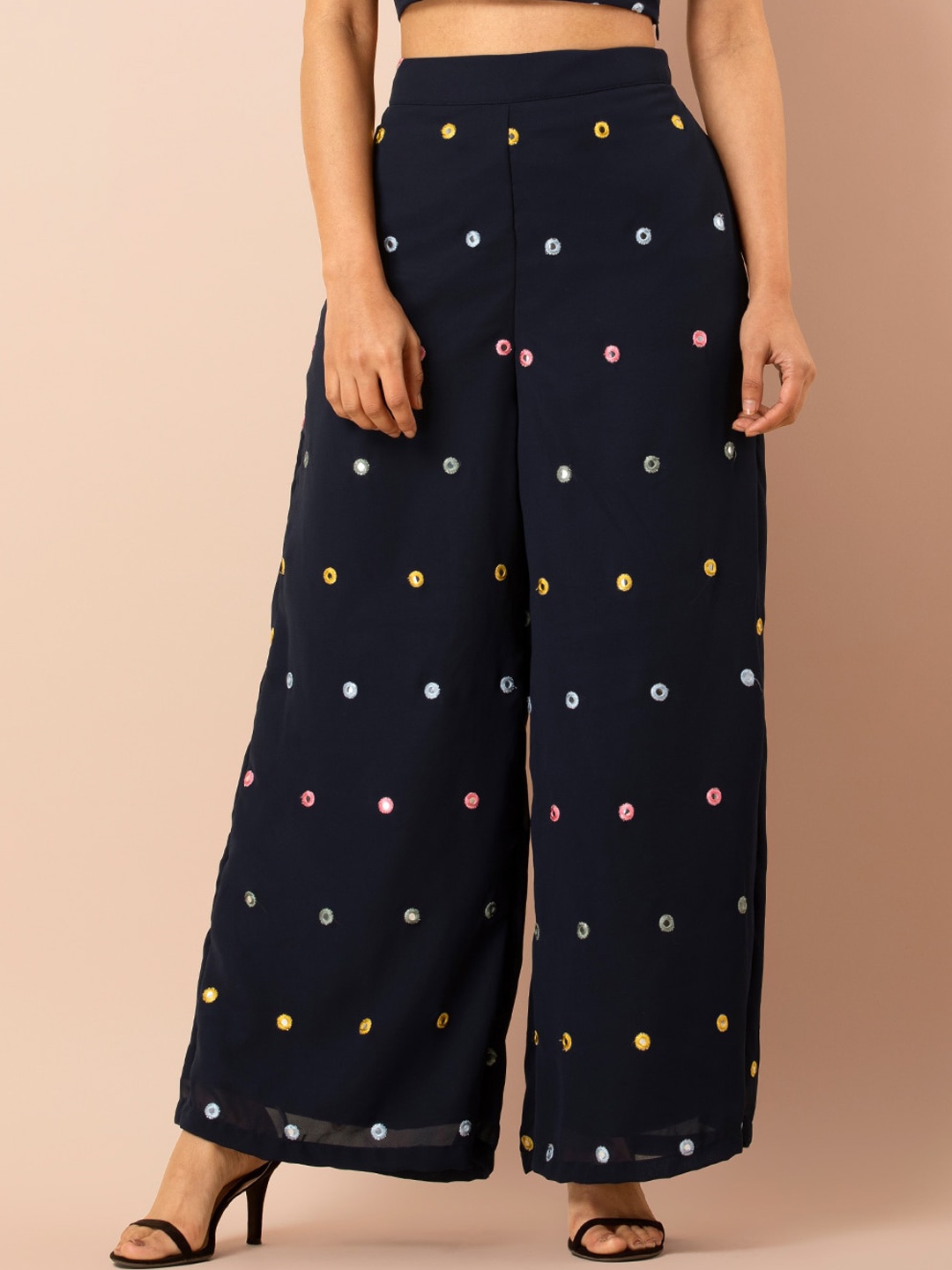 

INDYA Women Embellished Mirror Work Mid-Rise Flared Parallel Trousers, Navy blue