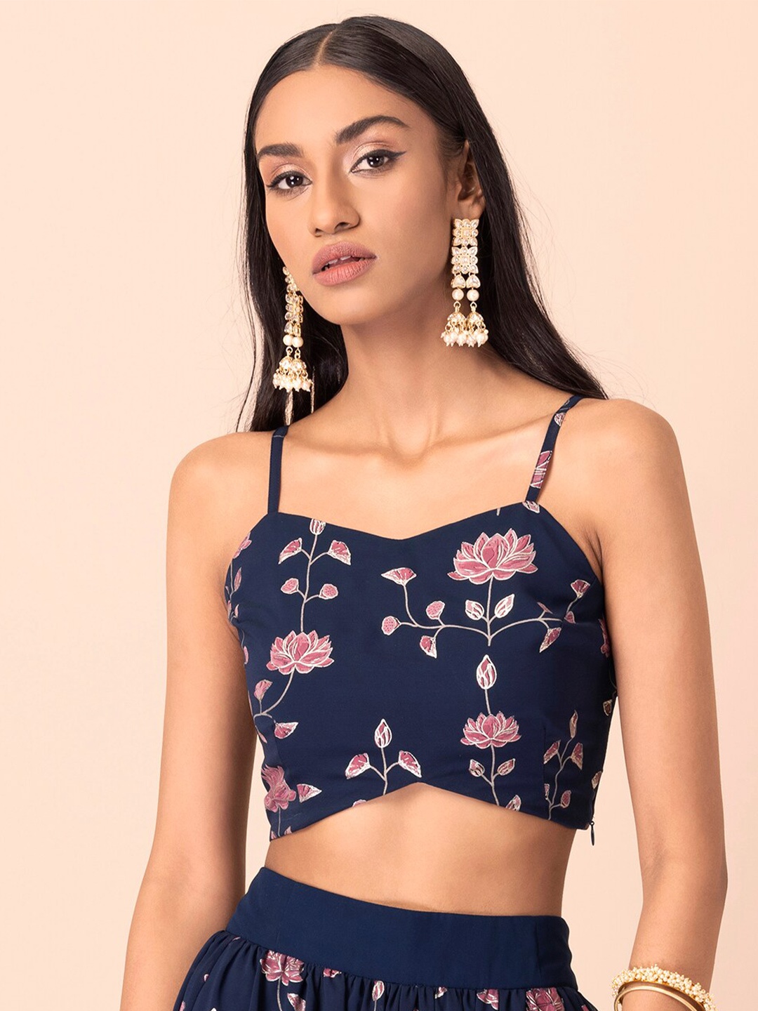

INDYA Floral Foil Printed Shoulder Strap Crop Top, Navy blue