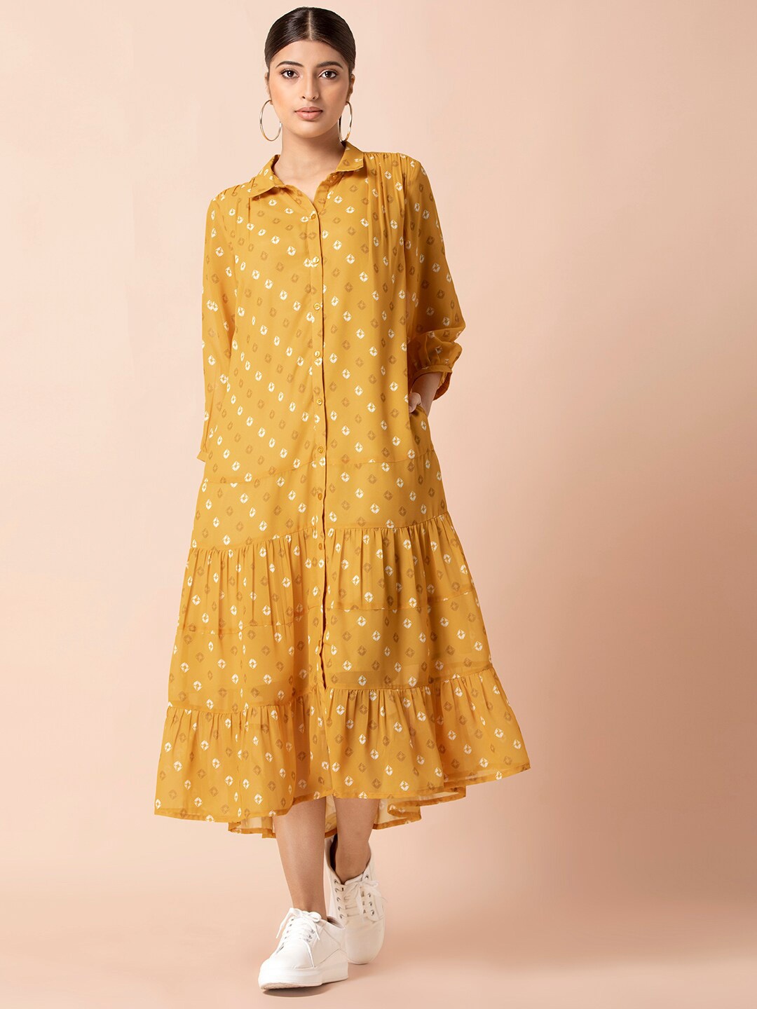 

INDYA Bandhani Printed Puff Sleeves Tiered Shirt Midi Dress, Yellow