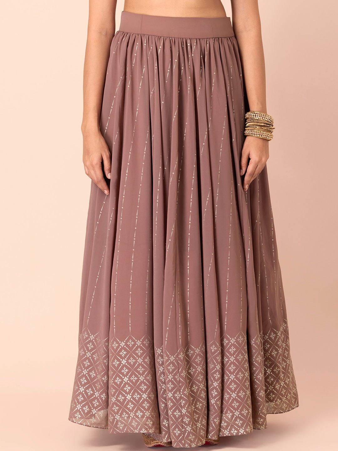 

INDYA Ethnic Motifs Printed Georgette Maxi Flared Skirt, Peach