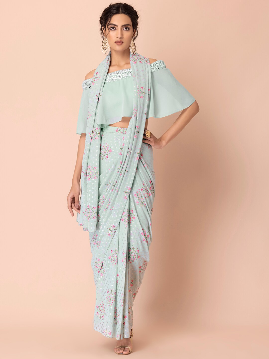 

INDYA Floral Foil Printed Pre Draped Sarees, Green