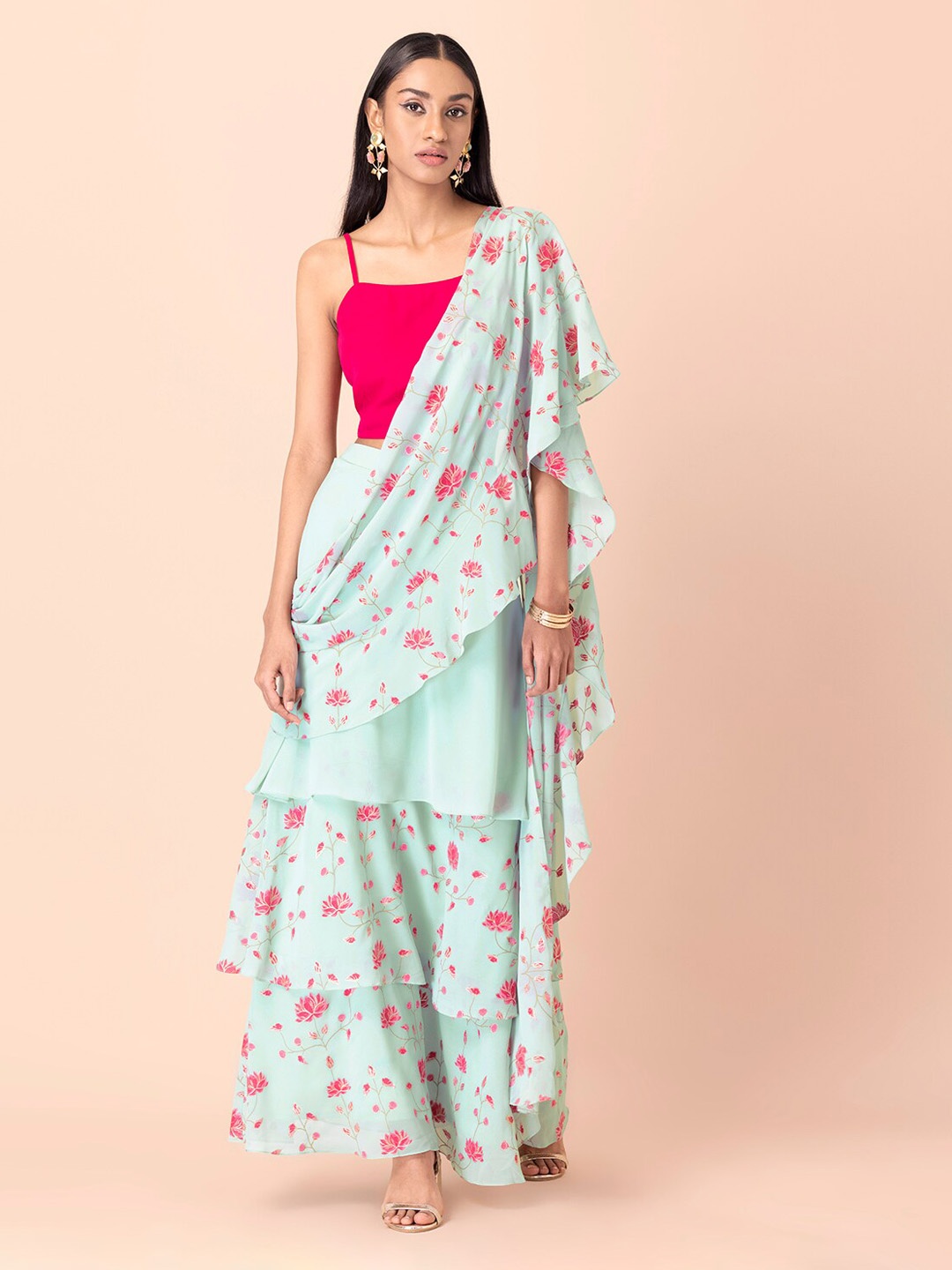 

INDYA Floral Printed Maxi-Length Ruffled Sari Skirt, Sea green