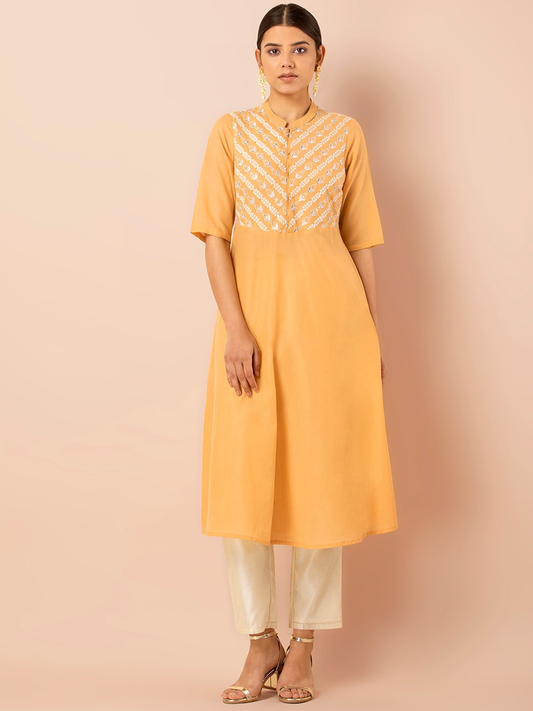 

INDYA Floral Embroidered Pure Cotton A-Line Kurta, Yellow