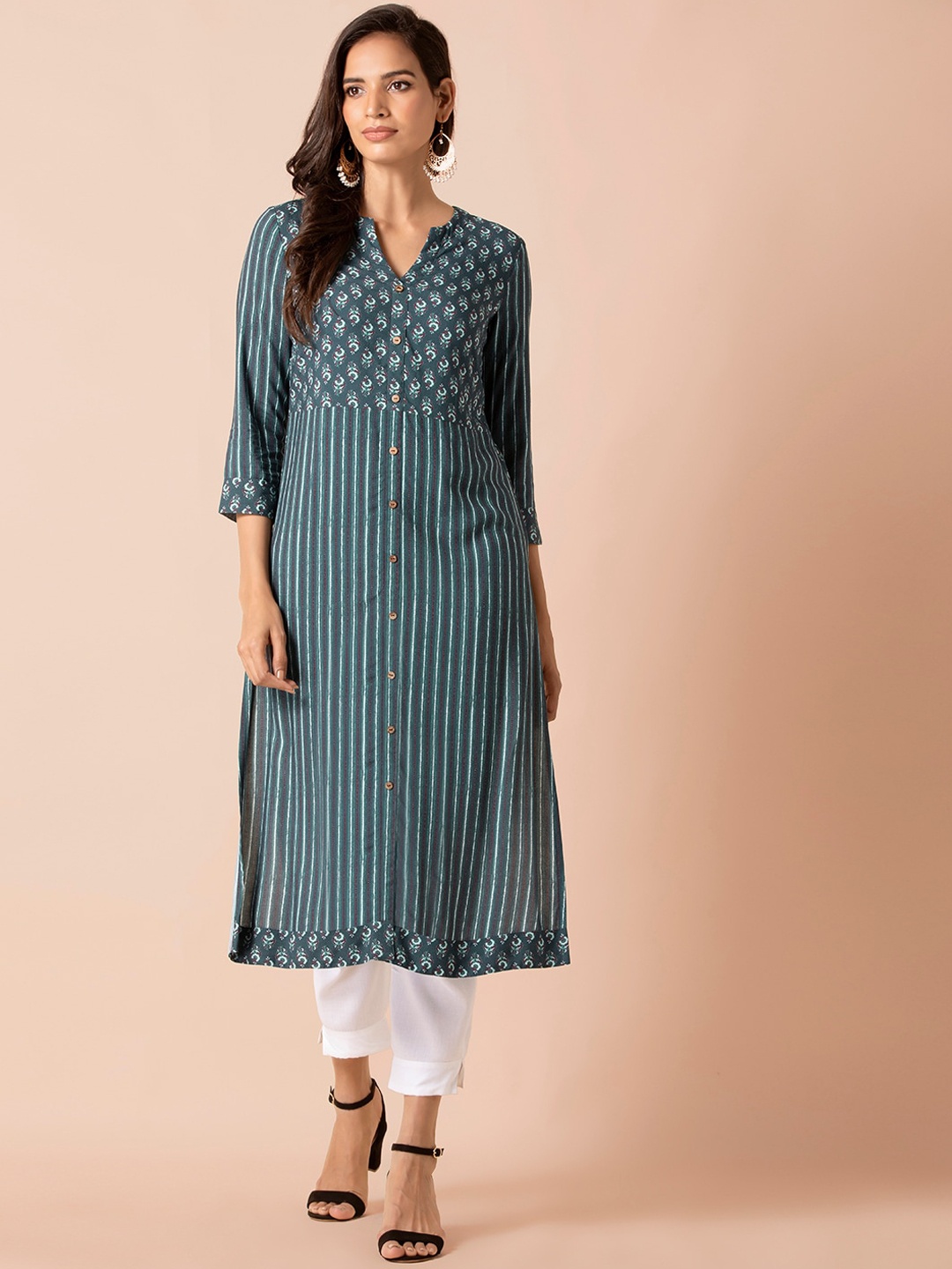 

INDYA Floral Printed & Striped Buttoned Straight Kurta, Teal
