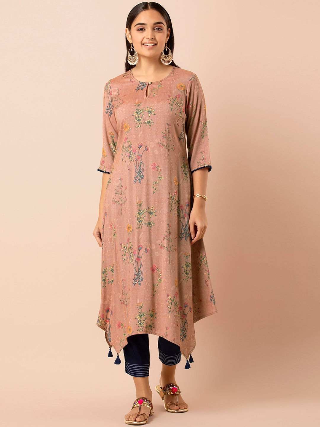 

INDYA Floral Printed Asymmetric A-Line Kurta, Rust