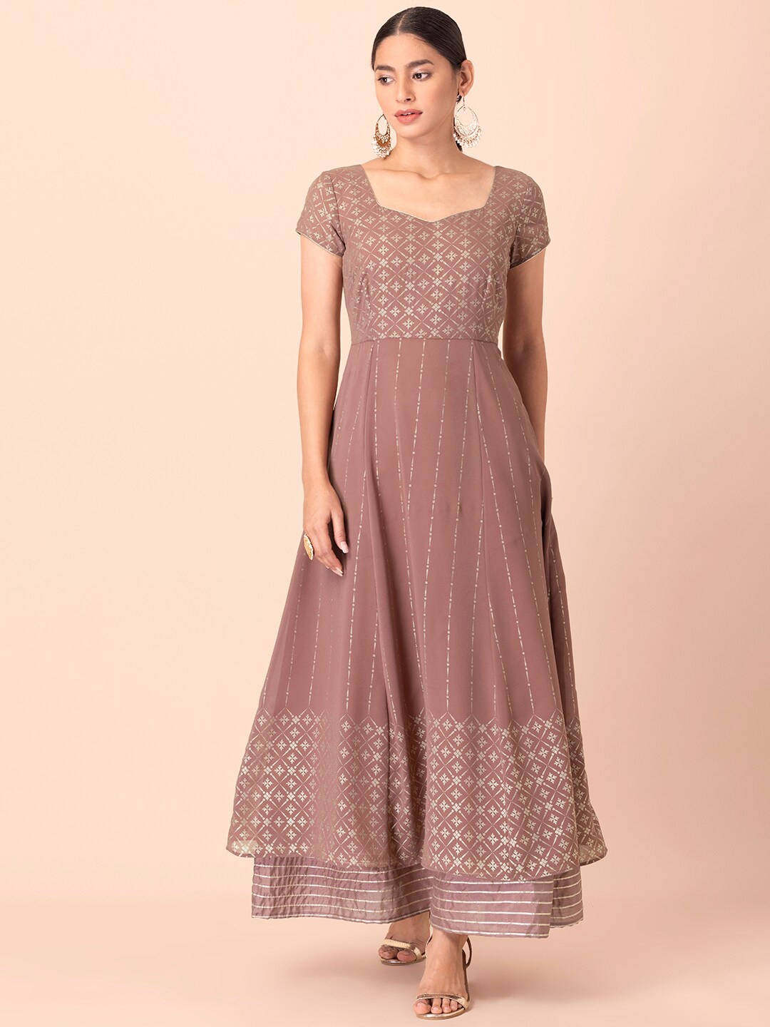 

INDYA Ethnic Motifs Printed Sweetheart Neck Layered Maxi Dress, Pink