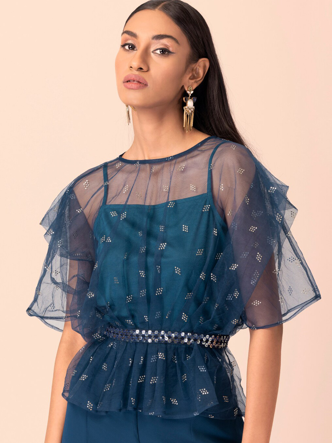 

INDYA Sequined Work Organza Peplum Top With Attached Camisole, Blue